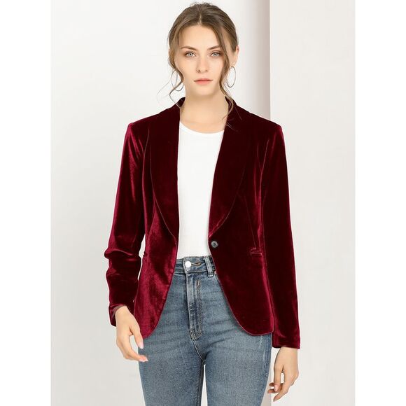 Women's Coat Solid Shawl Collar 1 Button Velvet Blazer Wine Red - Picture 2 of 6